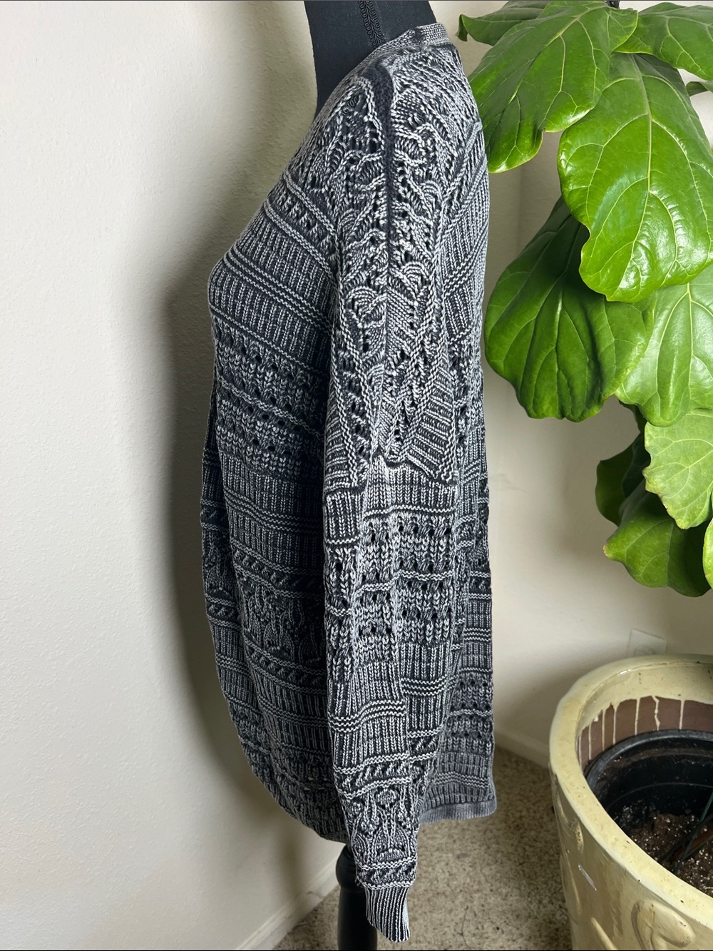 BKE Women’s 100% Cotton Black White Long Loose Knit Cardigan Sweater Medium - Picture 7 of 10